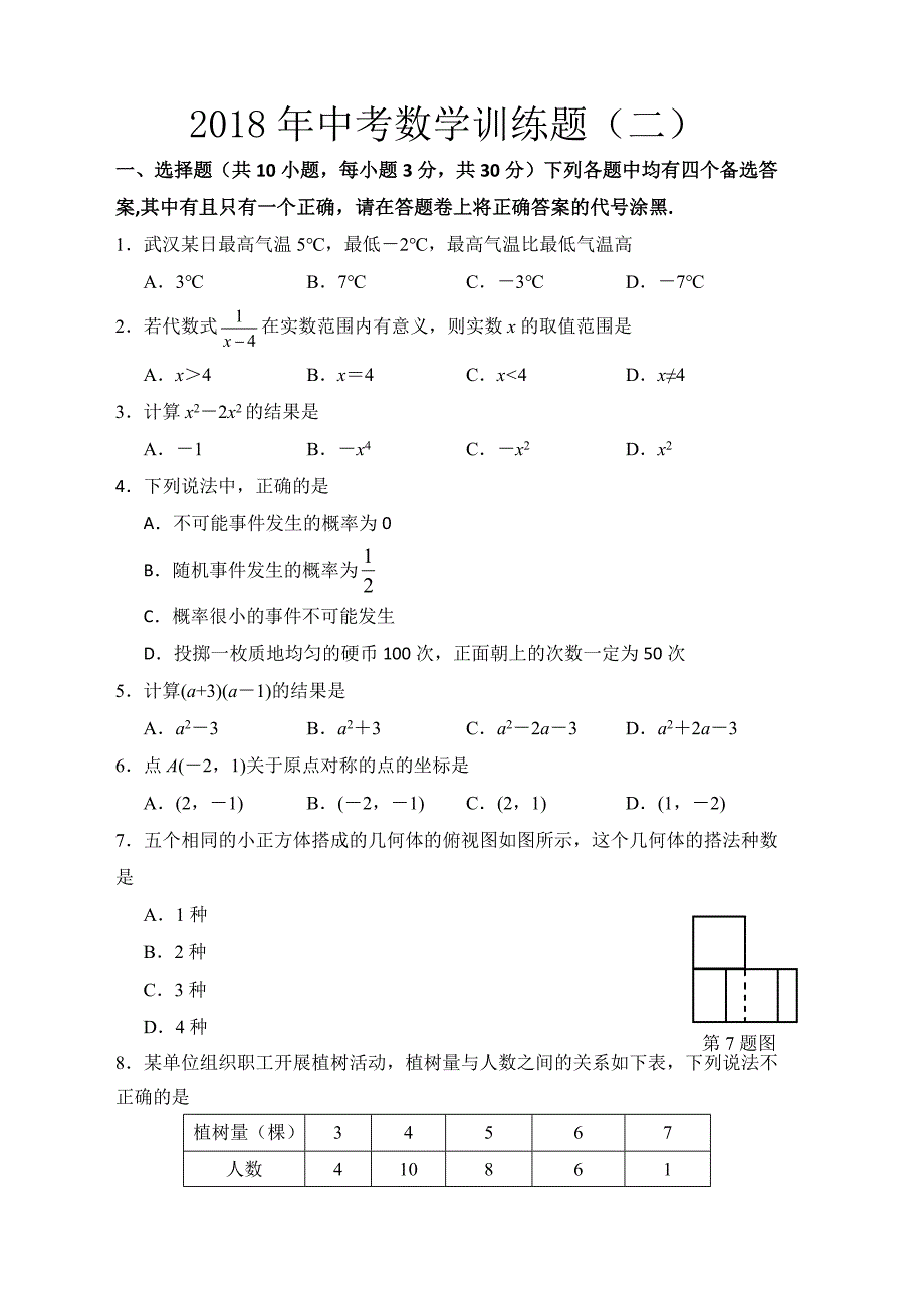 2018年武汉市武昌区中考数学模拟试卷（二）（含答案）.docx_第1页