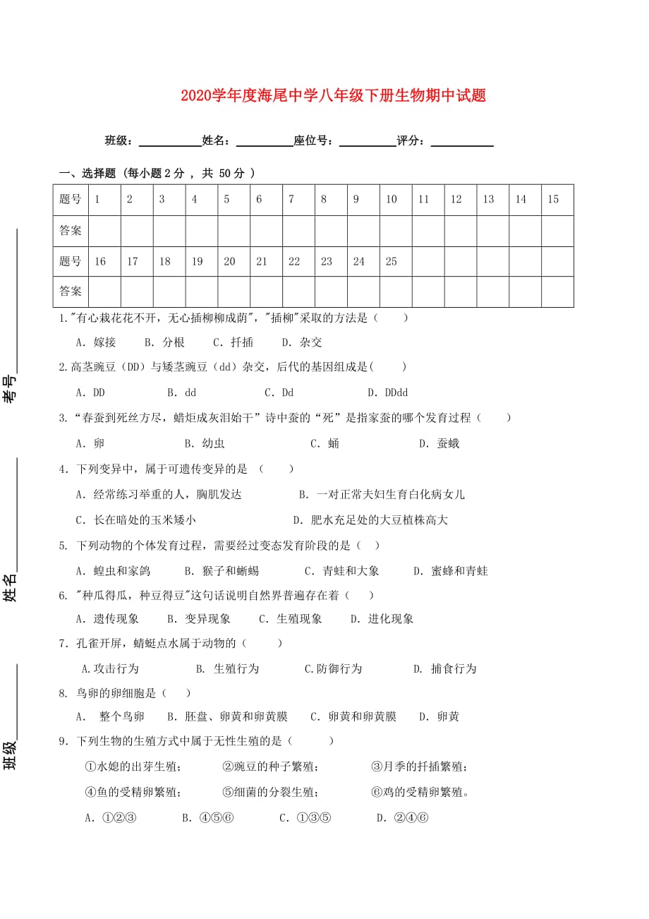 海南省昌江县海尾中学2020学年八年级生物下学期期中试题（无答案）_第1页