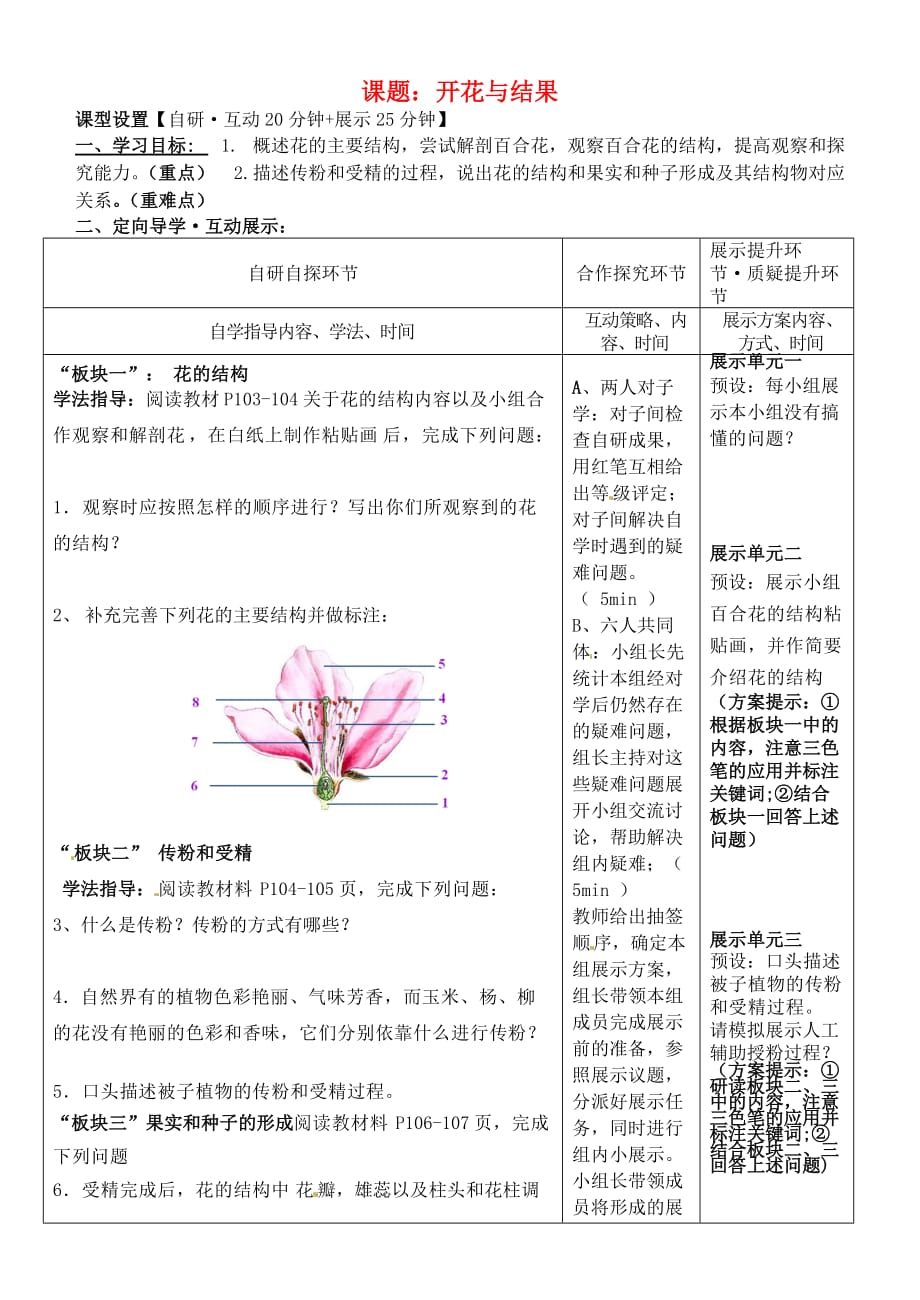 湖北省武汉市鲁巷中学八年级生物上册 开花与结果导学案（无答案） 新人教版_第1页