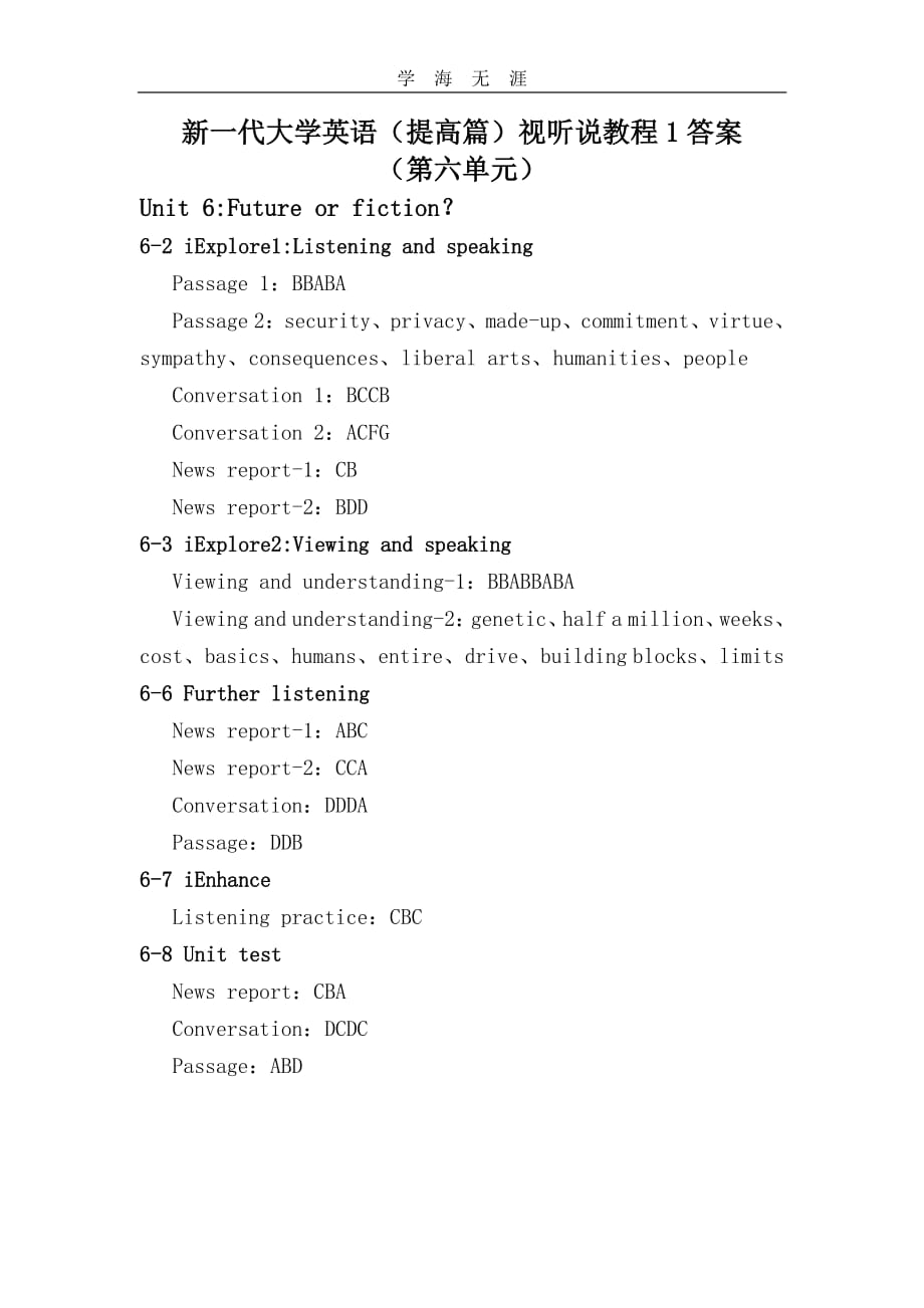 新一代大学英语(提高篇)视听说教程1答案-第六单元（11号）.pdf_第1页