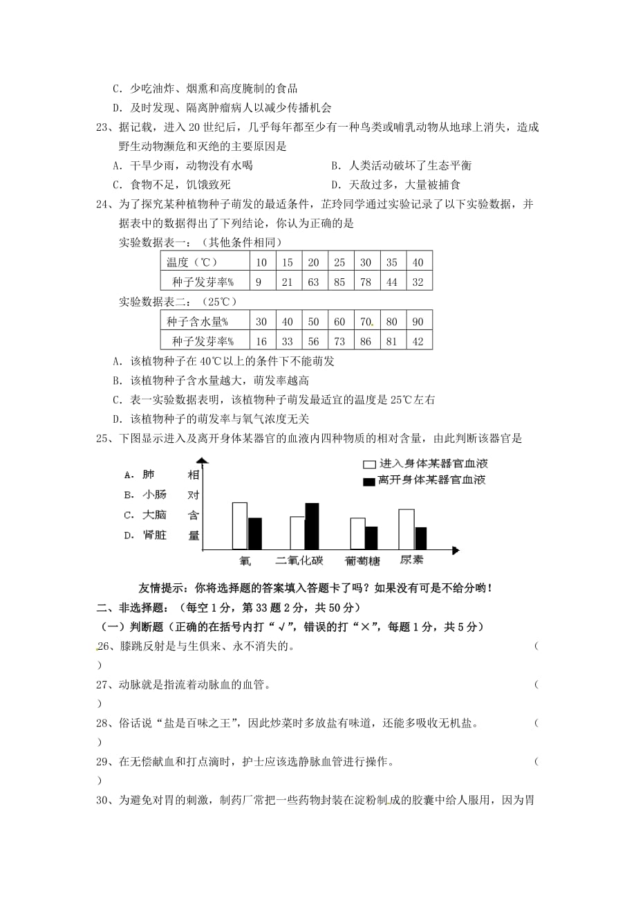 河南省虞城县第一初级中学2020学年七年级生物下学期期末测试10（无答案） 北师大版_第3页