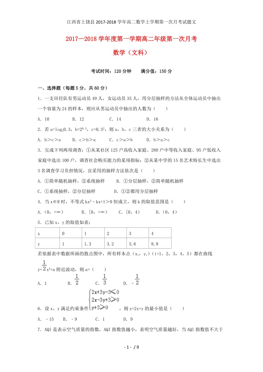 江西省上饶县高二数学上学期第一次月考试题文_第1页