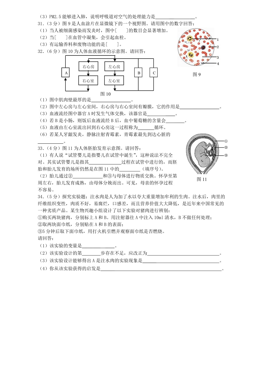 福建省漳州五中2020学年七年级生物下学期期中试题（无答案） 新人教版_第4页