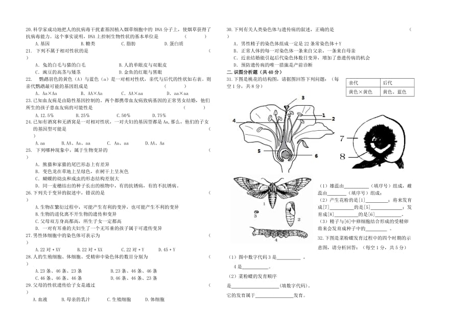 黑龙江省大庆市2020学年八年级生物上学期期中试卷（无答案） 苏教版_第2页