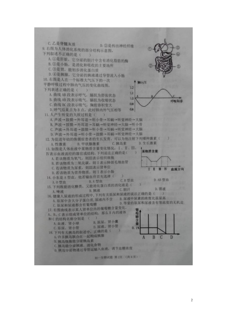 山东省菏泽市郓城县七年级生物下学期期末考试试题（扫描版）苏教版_第2页