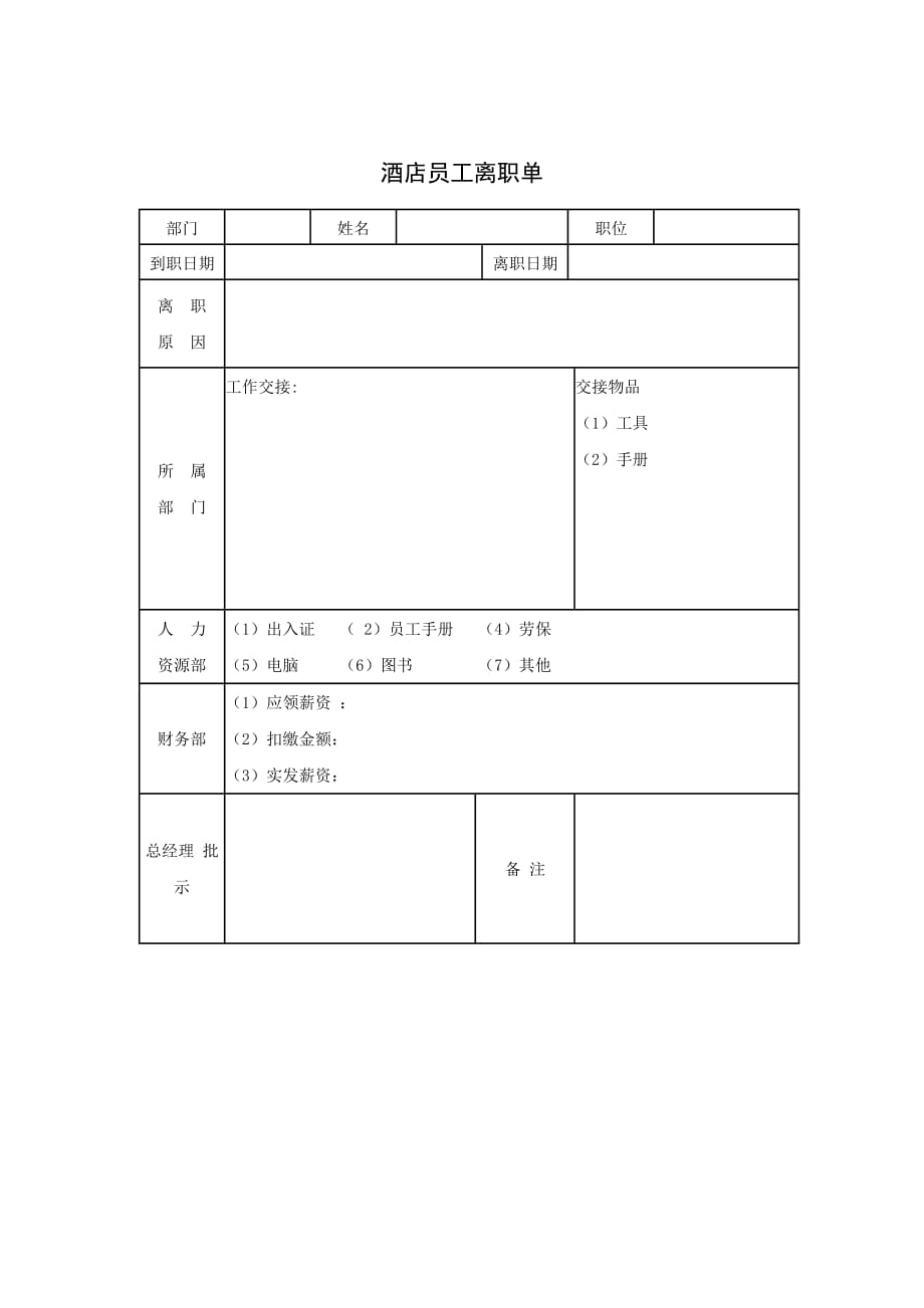 202X年酒店员工离职单_第1页