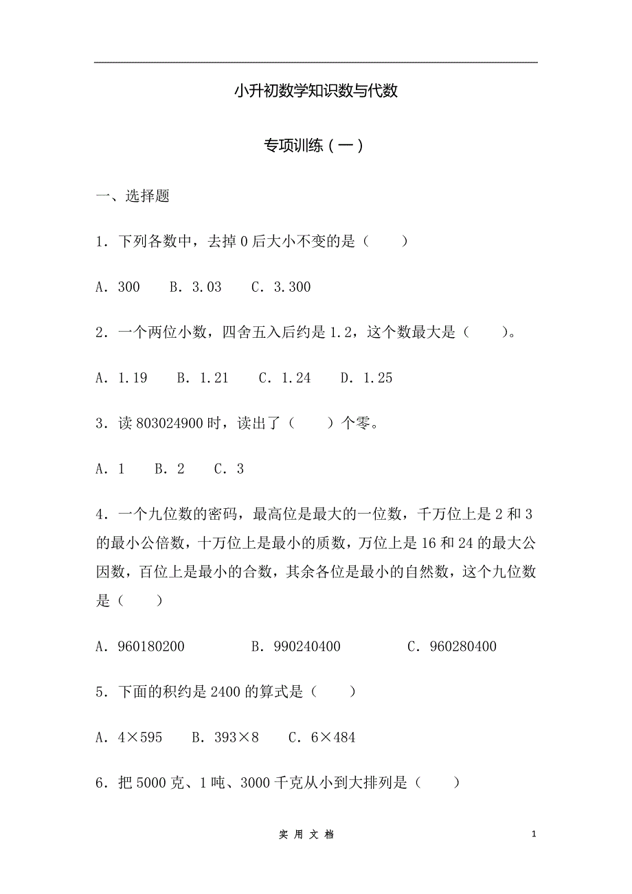 强烈推荐--小升初数学知识数与代数专项训练（一）（23页）_第1页