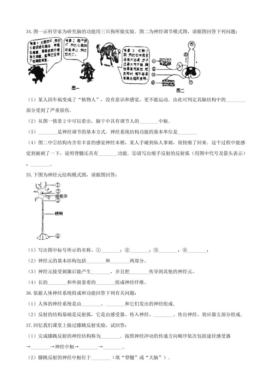 2020学年七年级生物下册第4单元第12章第1节神经系统与神经调节单元综合测试无答案新版北师大版_第5页