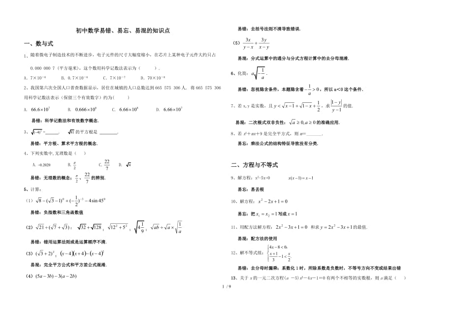 初中数学易错易忘易混的知识点和题(2011年整理)_第1页