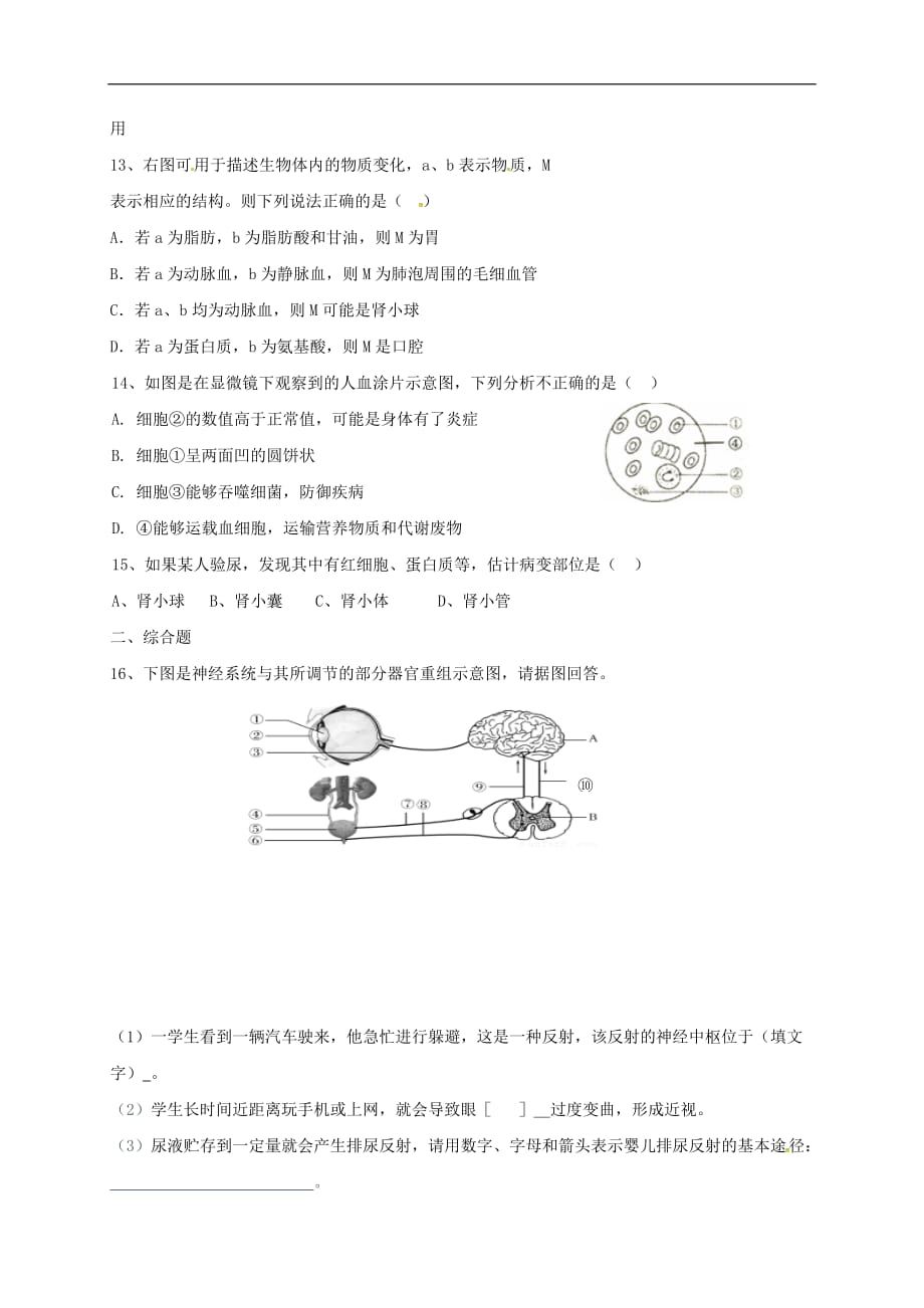 江西省宁都县2020届九年级生物下学期期中试题（无答案）_第3页