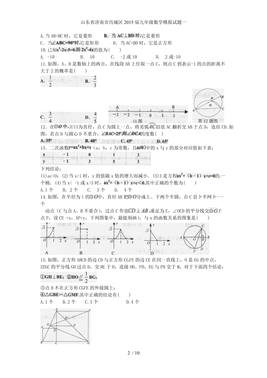 山东省济南市历城区九年级数学模拟试题一_第2页