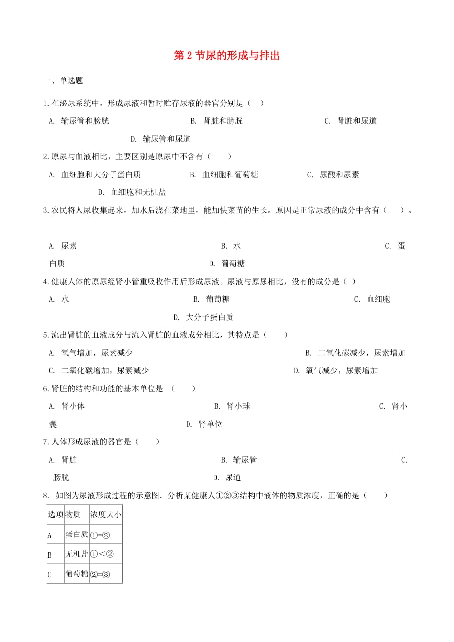 2020学年七年级生物下册第4单元第11章第2节尿的形成与排出同步练习无答案新版北师大版_第1页