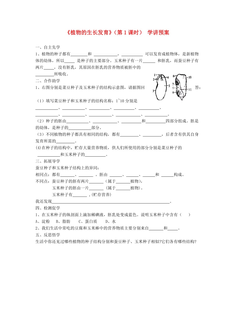 八年级生物上册19.2植物的生长发育第1课时学案无答案新版苏科版_第1页