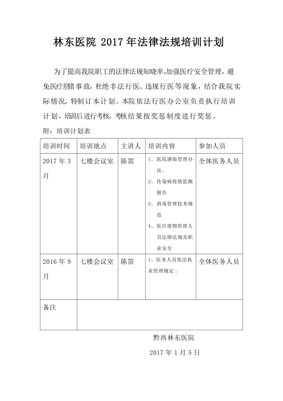 林东医院法律法规培训计划.doc_第1页