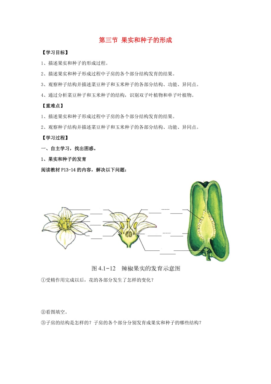 八年级生物上册 第四单元 第一章 第3节《果实与种子的形成》导学案2（无答案）（新版）济南版_第1页