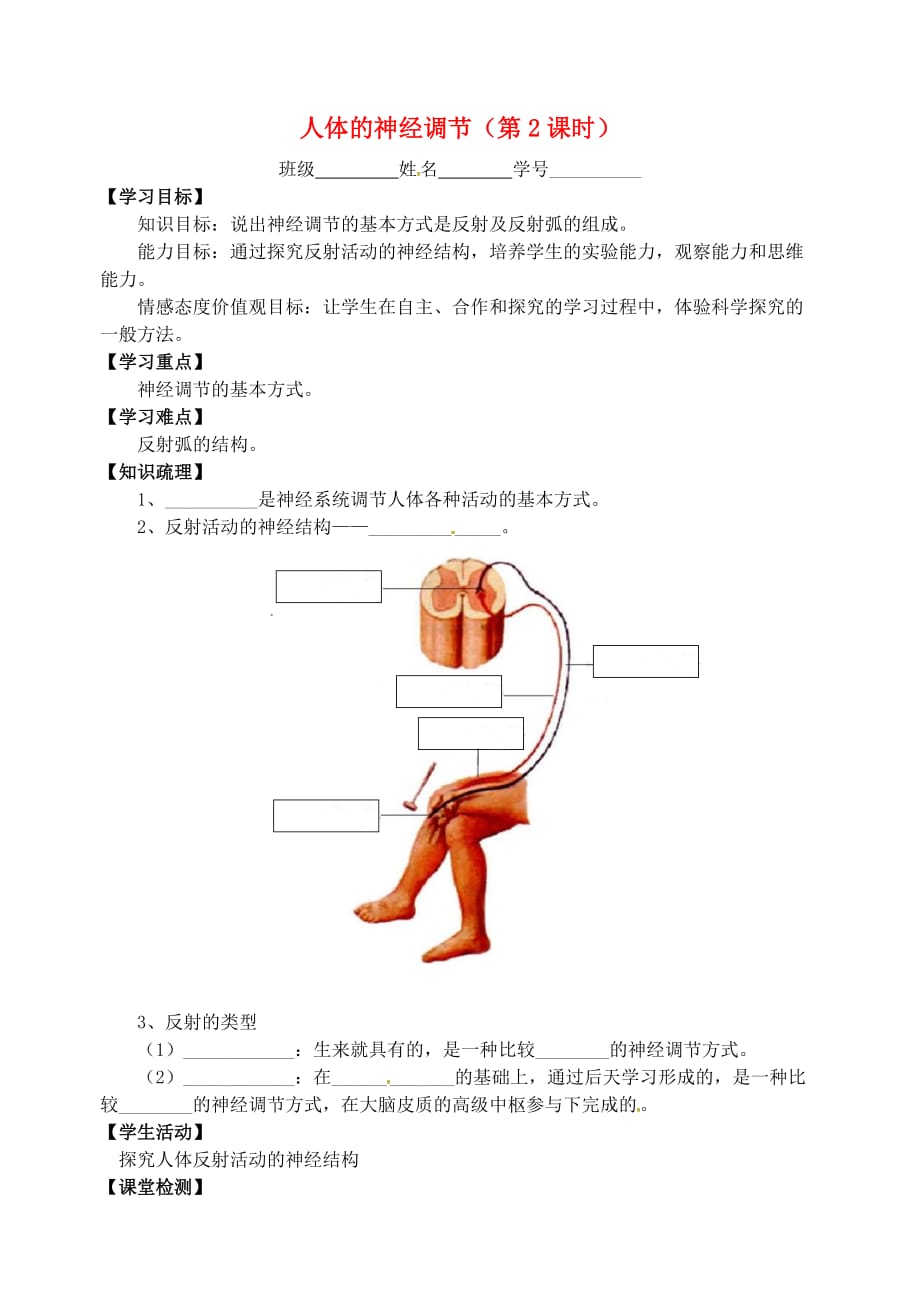 江苏省丹徒区世业实验学校八年级生物上册 16.1 人体的神经调节（第2课时）导学案（无答案）（新版）苏科版 (2)_第1页