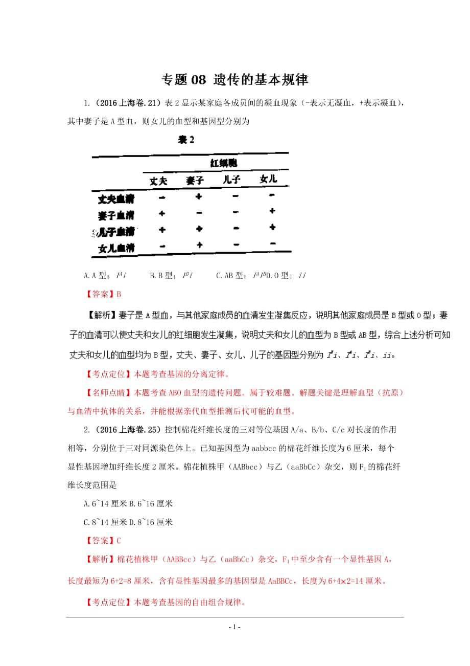 2016年高考生物真题分类汇编——专题08 遗传的基本规律.doc_第1页