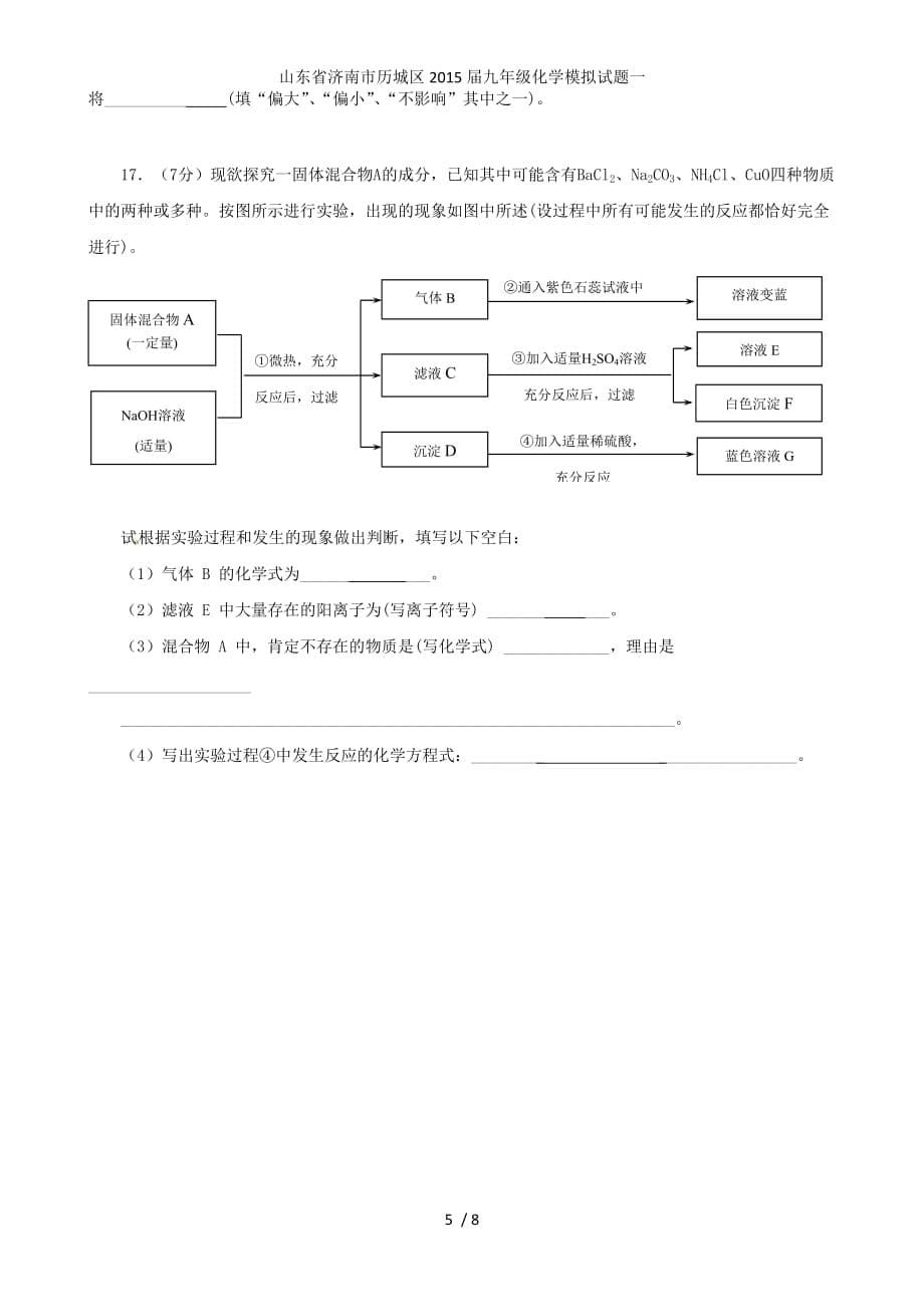 山东省济南市历城区九年级化学模拟试题一_第5页