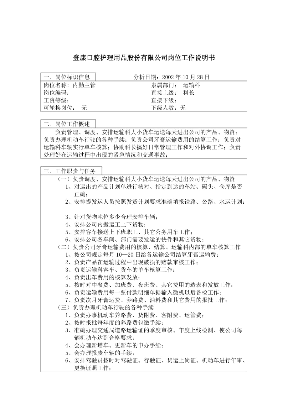 《新编》某口腔护理用品公司工作岗位说明书9_第1页