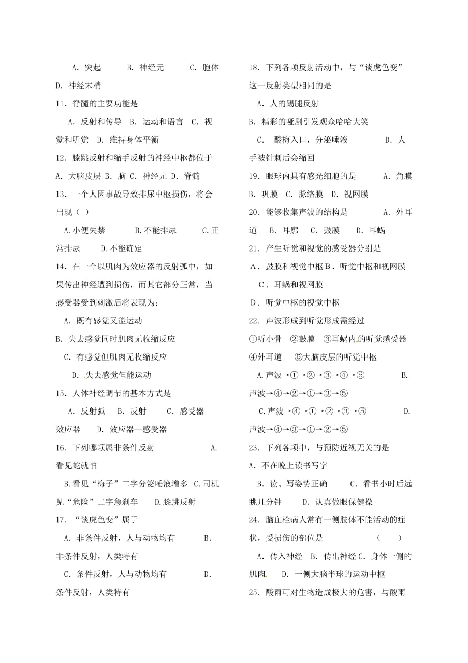 甘肃省临泽县七年级生物下册 第12章 人体生命活动的调节测试题（无答案） 苏教版（通用）_第4页