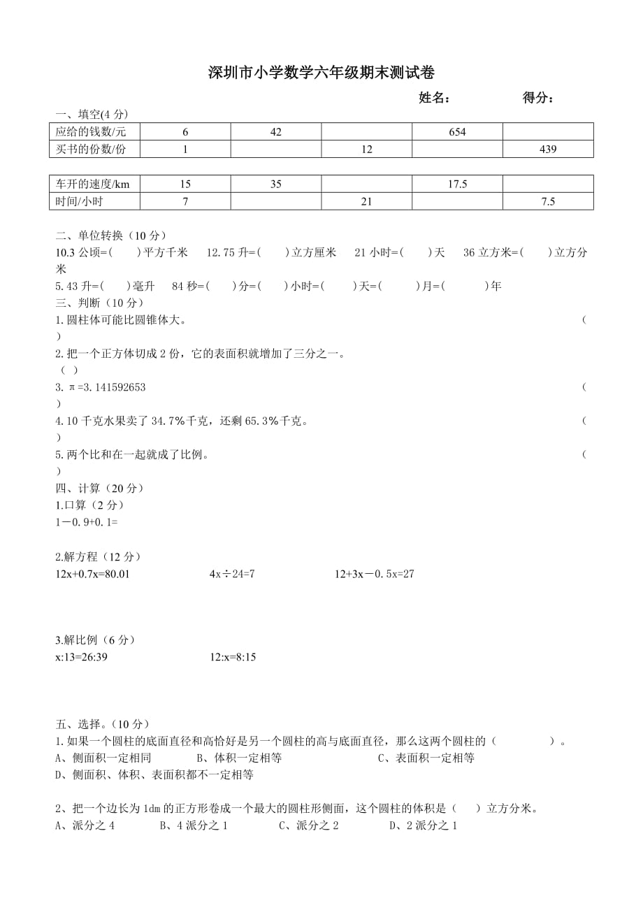 深圳市小学数学六年级期末测试卷.doc_第1页