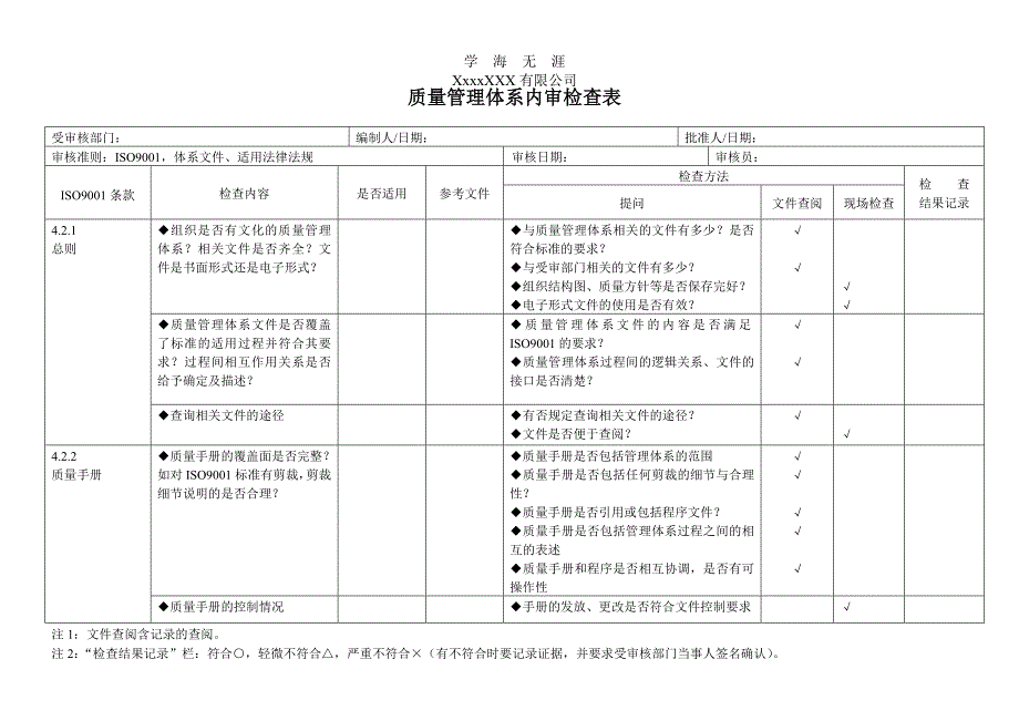 2020年整理iso9000内审检查表全套.doc_第1页