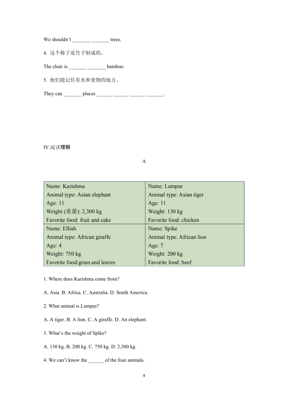 2020人教版英语七年级下册 Unit5 Why do you like pandas单元质量检测试卷(含答案)_第4页