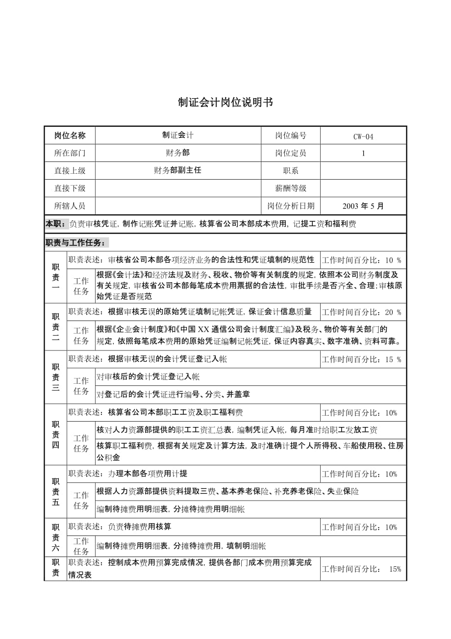 《新编》通信行业-财务部门岗位说明书2_第1页