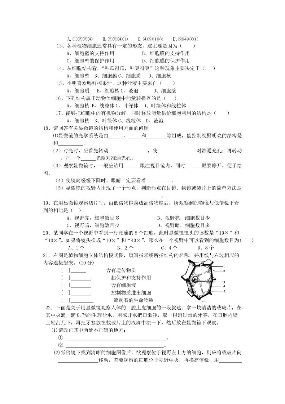 七年级生物上册 第二单元 第一章 观察细胞的结构复习导学案（无答案）（新版）新人教版（通用）_第4页