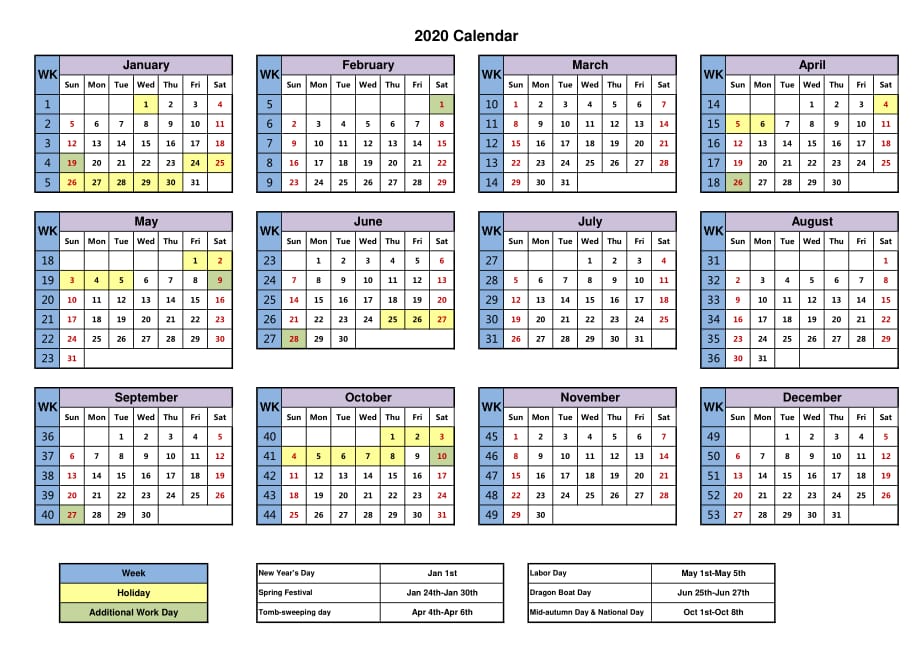 2020 Calendar EN Version 2020日历英文版带周数.pdf_第1页