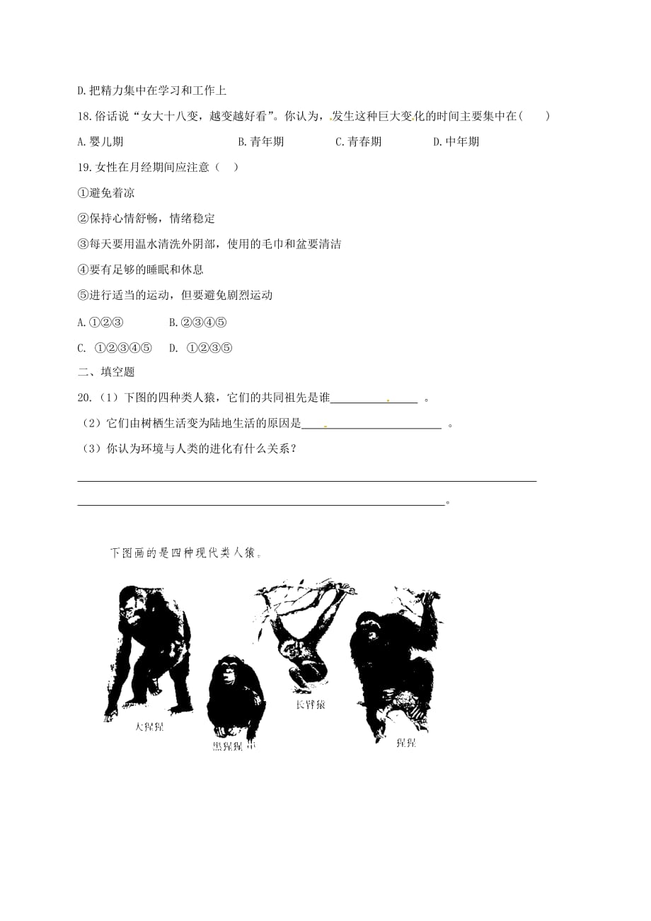 河北省石家庄市七年级生物下册 第一章 人的由来练习题（无答案） 新人教版（通用）_第3页