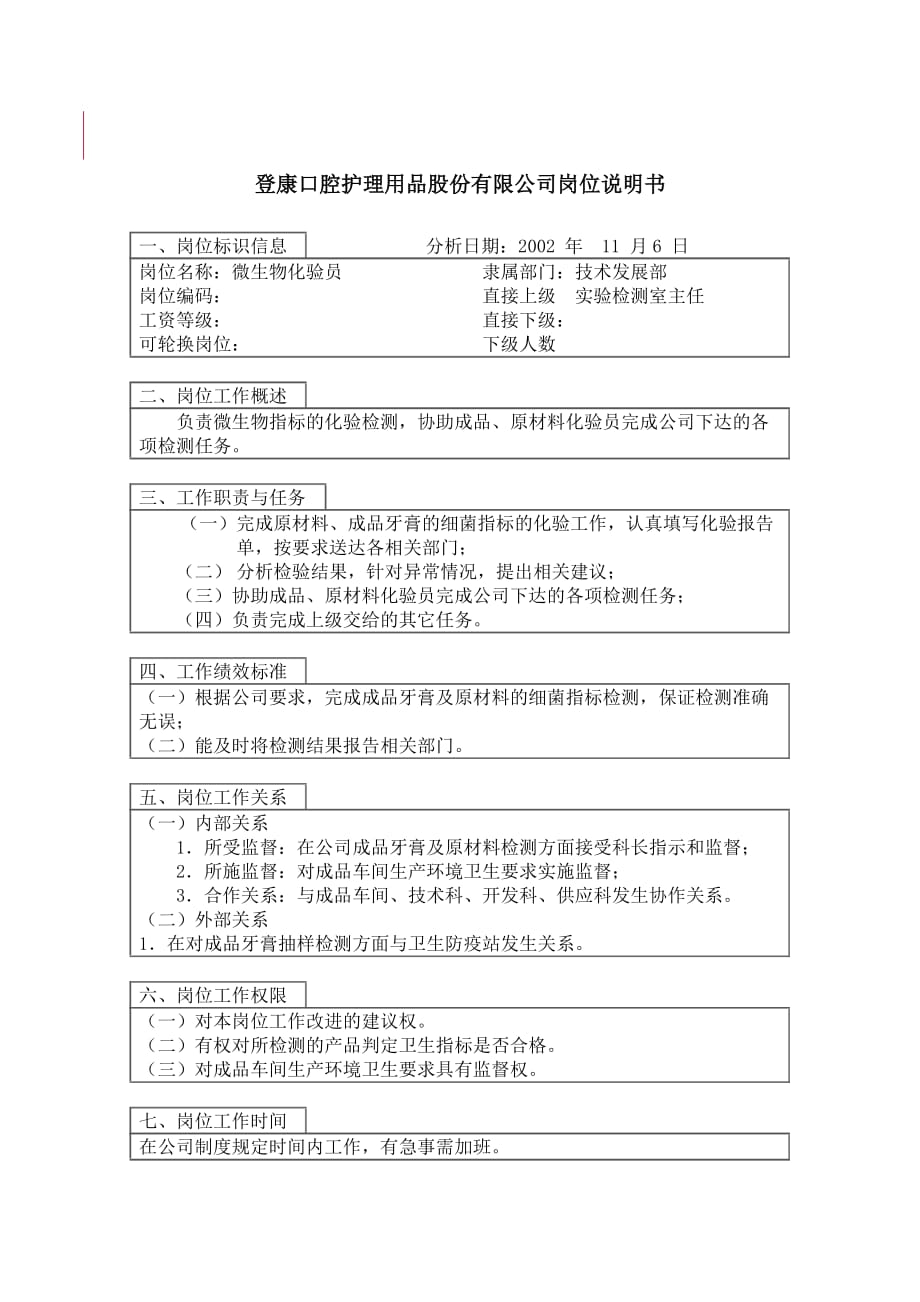 《新编》某口腔护理用品公司工作岗位说明书37_第1页