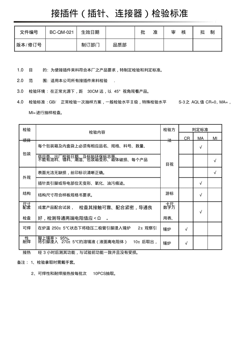 接插件(插针、连接器)检验标准文档推荐_第1页