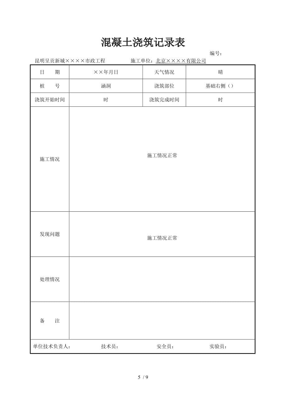 混凝土浇筑记录表.doc_第5页