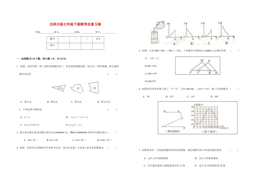 2020年北师大版七年级数学下册期未总复习综合检测卷含答案解析_第1页