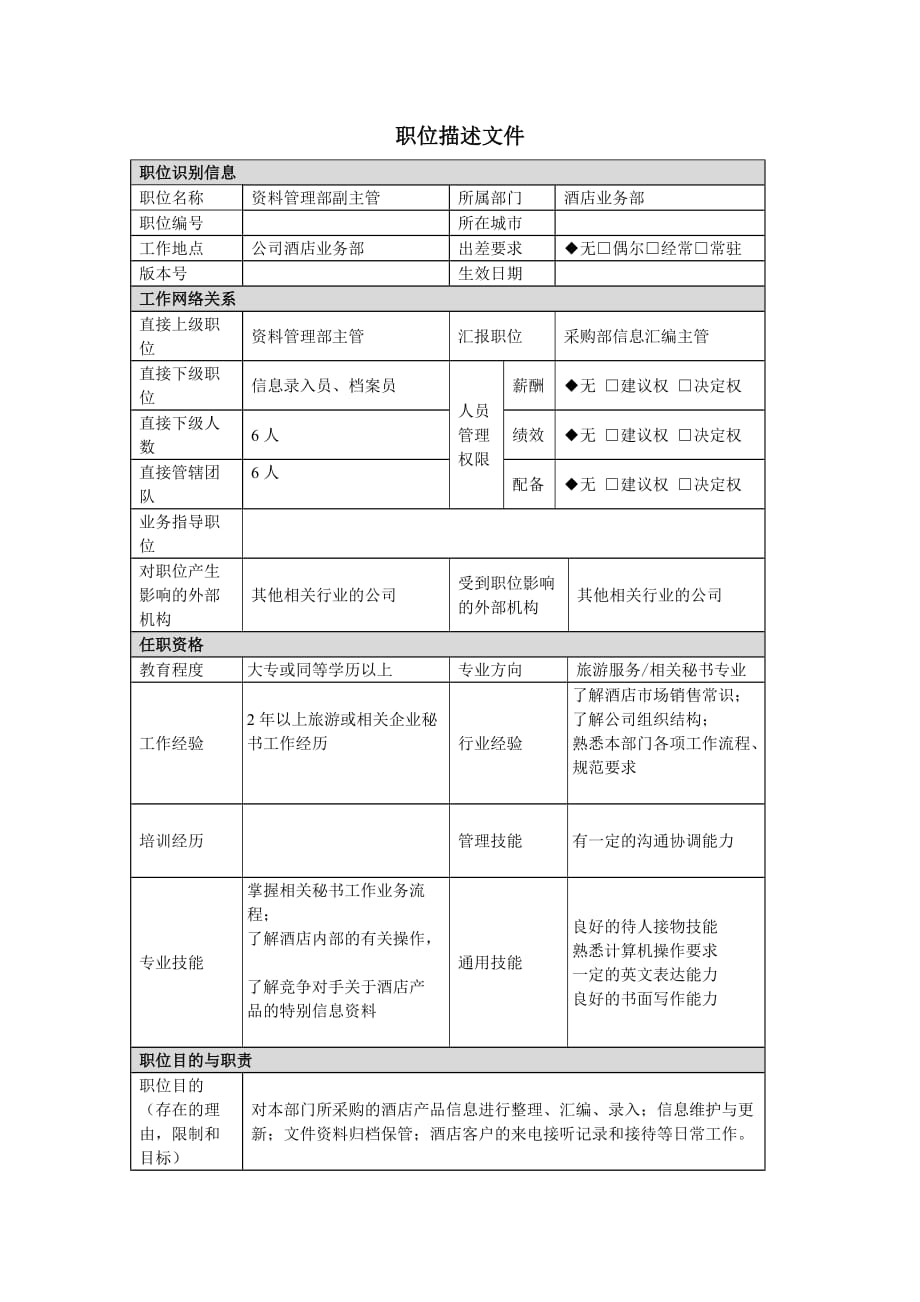 《新编》酒店行业部门岗位说明书汇总23_第1页