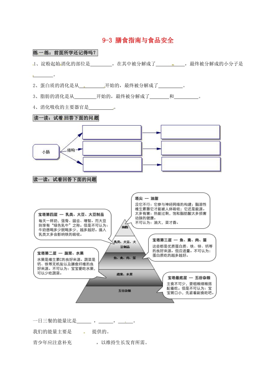 江苏省南京市七年级生物下册 9.3 膳食指南与食品安全学案（无答案）（新版）苏教版（通用）_第1页