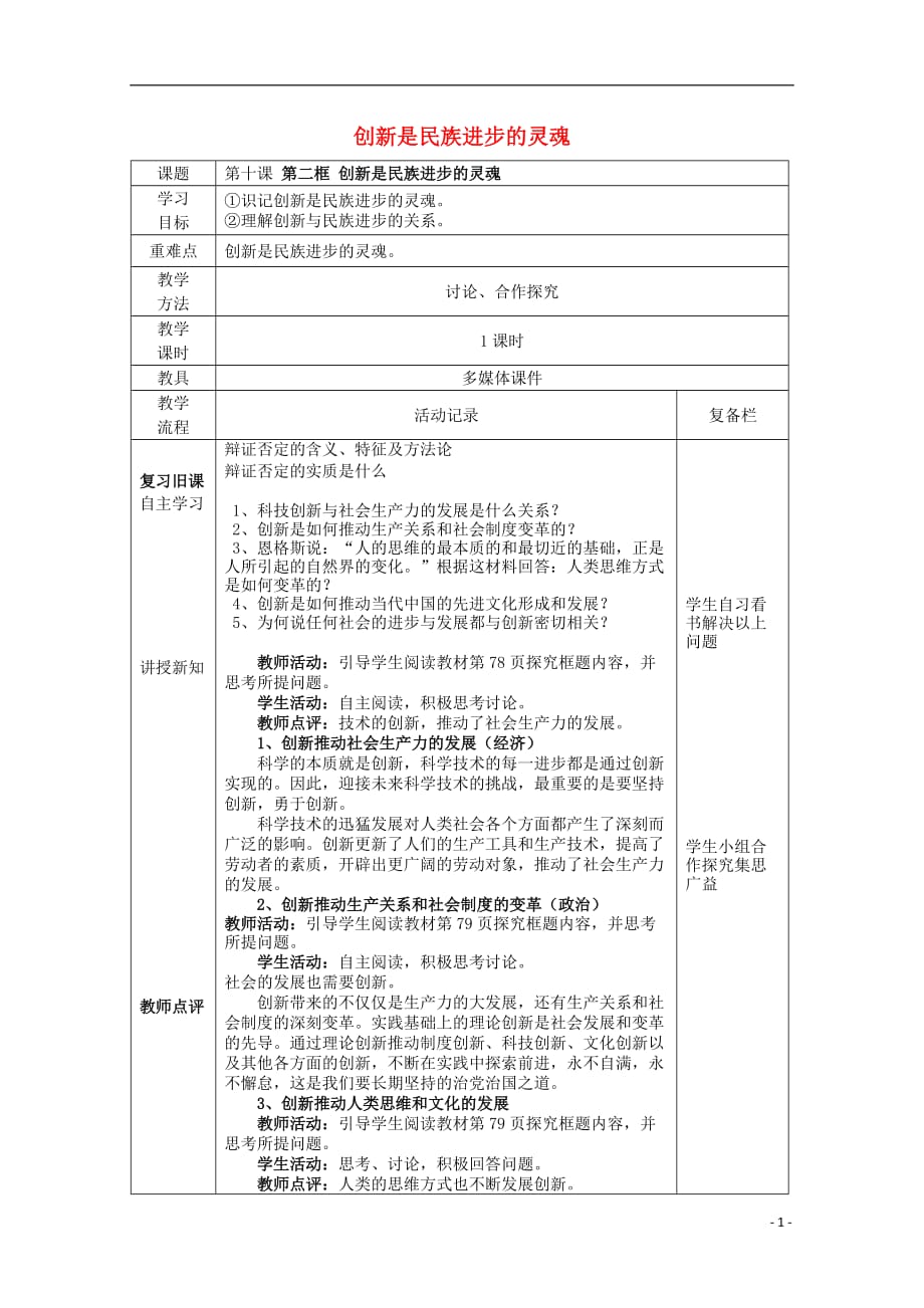 江苏省连云港市赣榆县智贤中学高中政治10.2《创新是民族进步的灵魂》学案（无答案）新人教版必修4_第1页