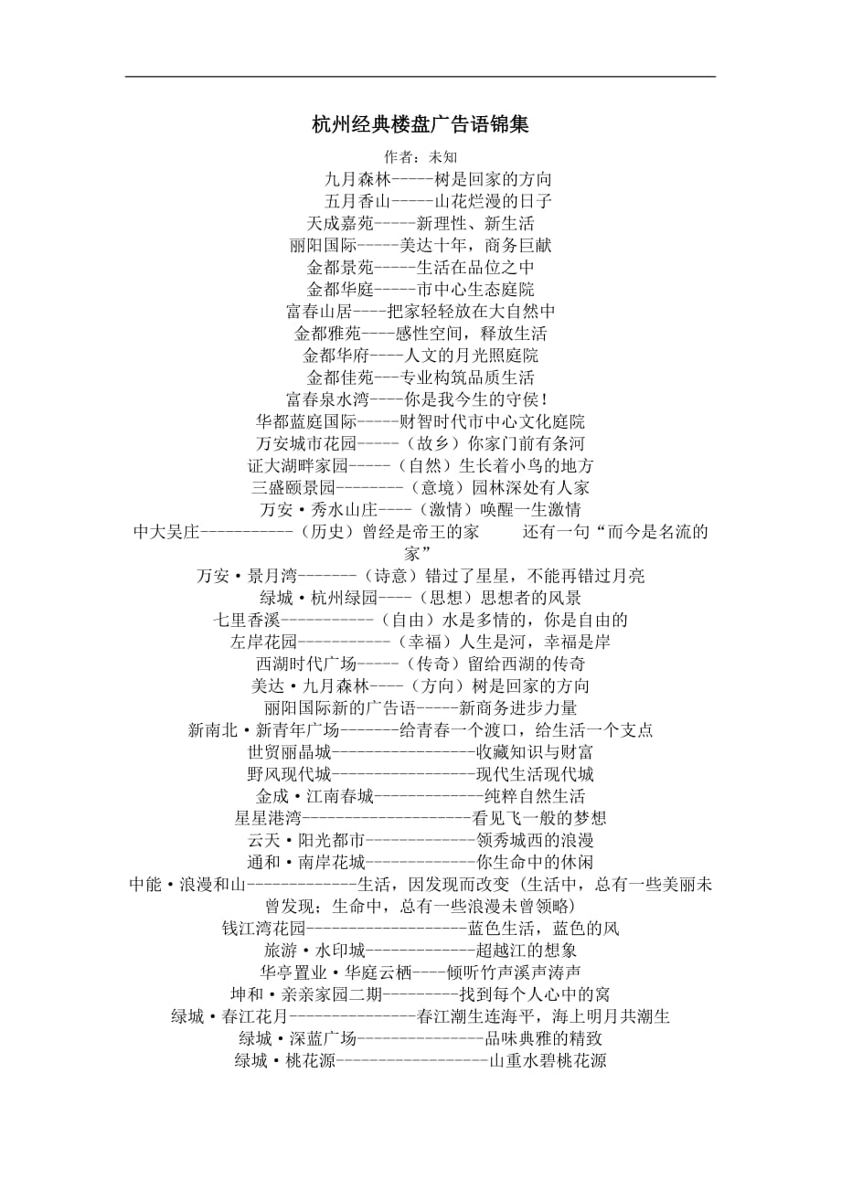 (2020年）（广告传媒）杭州经典楼盘广告语锦集_第1页