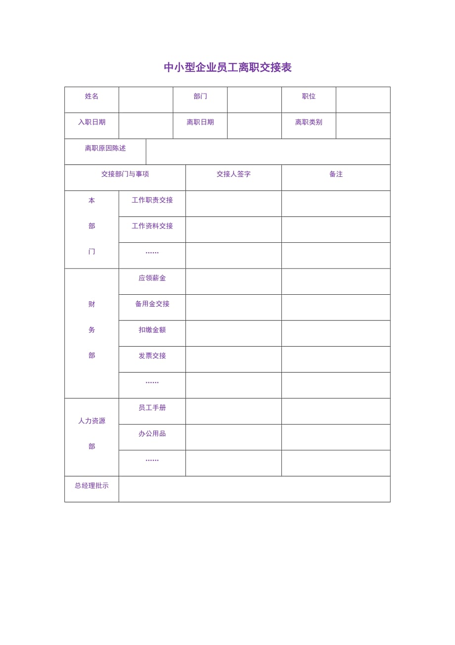 中小型企业员工离职交接表_第1页