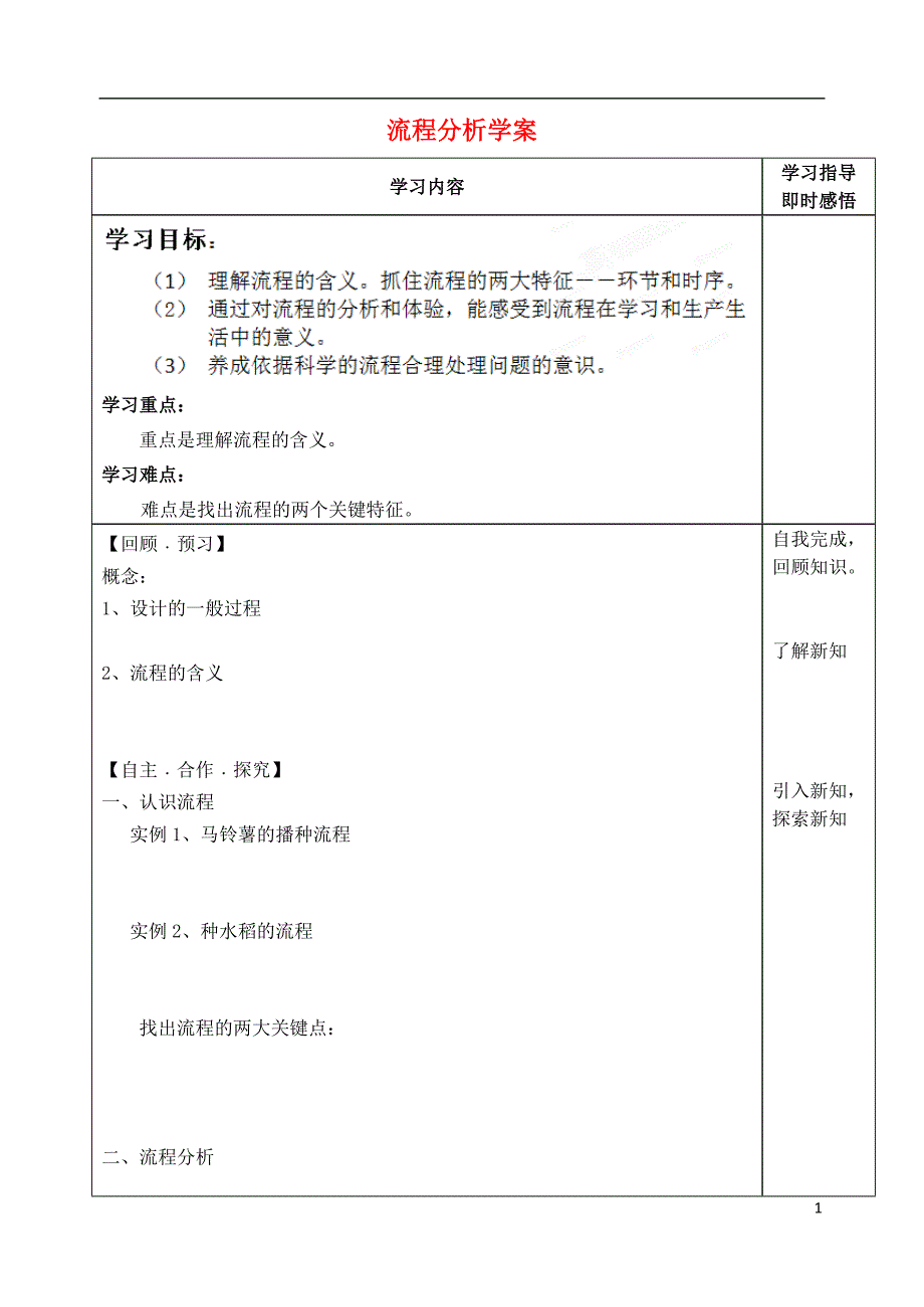 山东泰安肥城第三中学高中通用技术 了解流程流程分析学案.doc_第1页