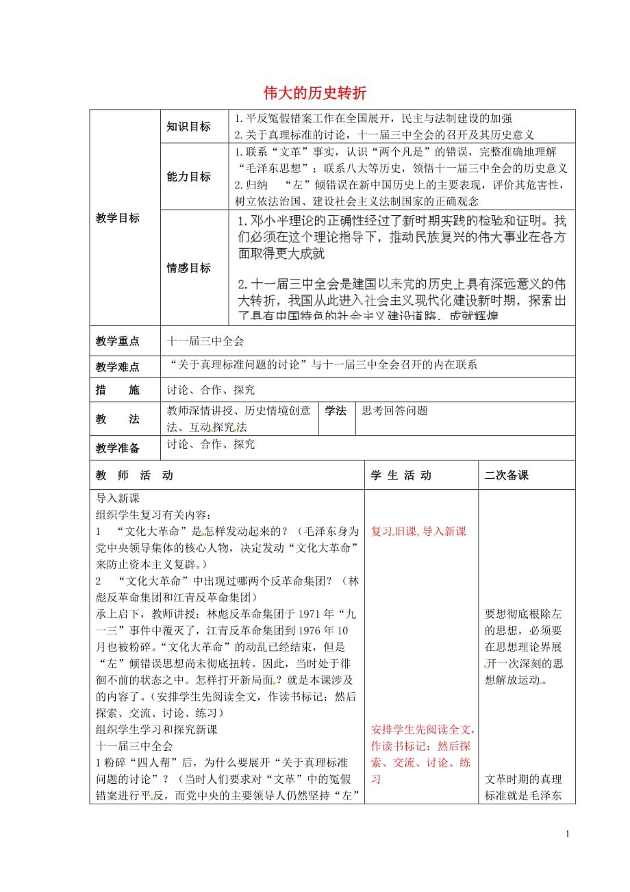 山东省招远市金岭镇邵家初级中学八年级历史下册第8课伟大的历史转折教案鲁教版_第1页