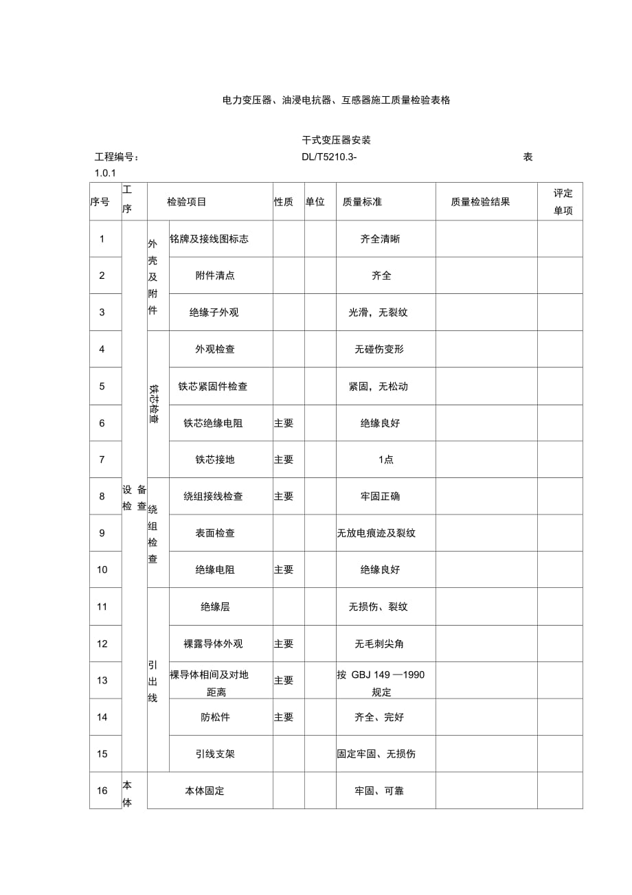 电力变压器、油浸电抗器、互感器施工质量检验表格_第1页