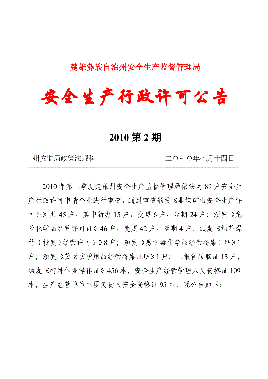 （2020）（安全生产）安全生产行政许可公告（XXXX年第二期）doc-云南省财_第1页