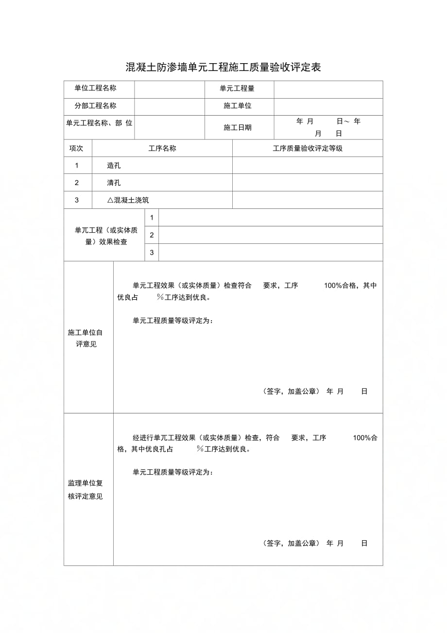 混凝土防渗墙单元工程施工质量验收评定表(2)_第1页