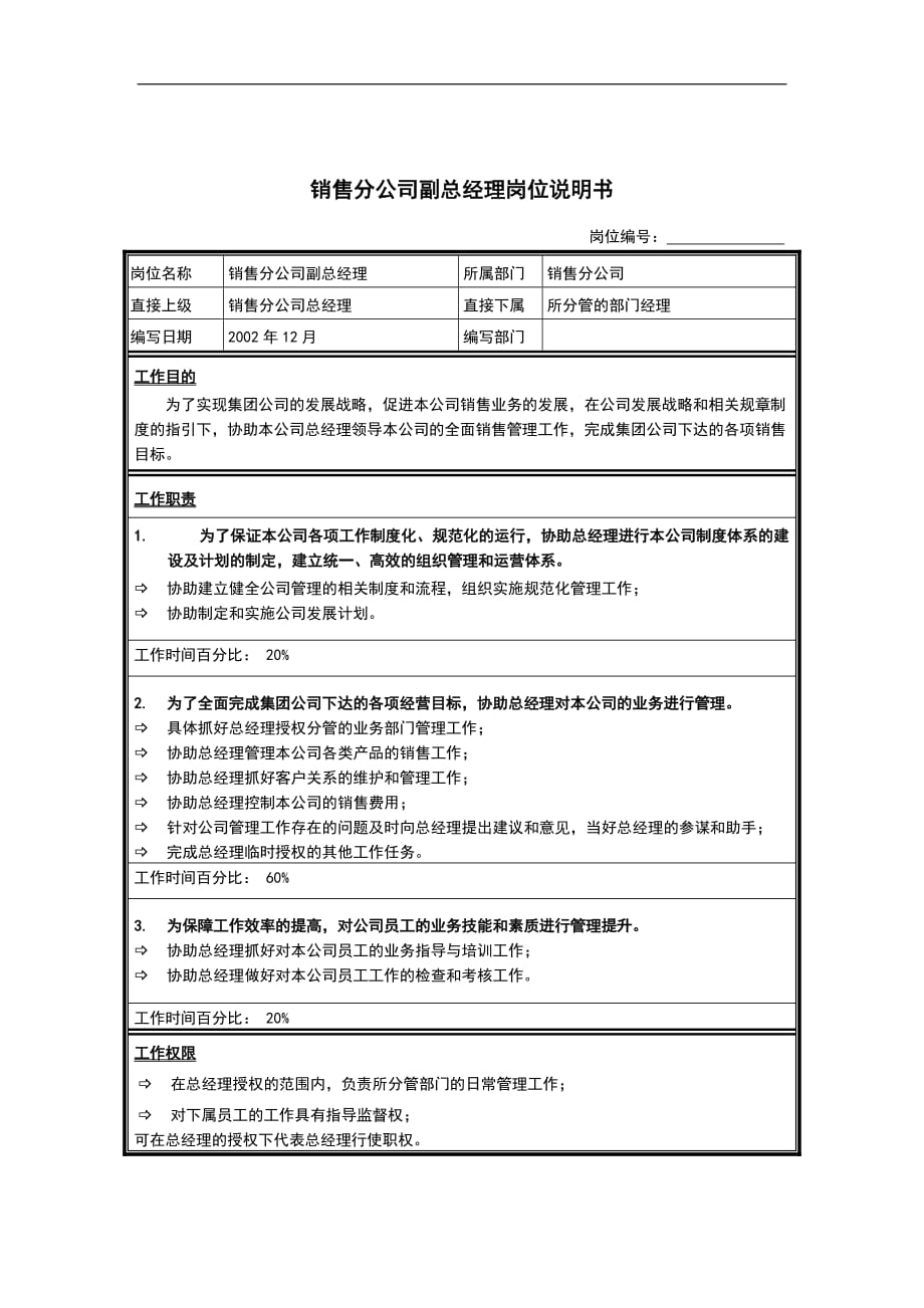 (2020年）(销售经理）销售分公司副总经理岗位说明书_第1页