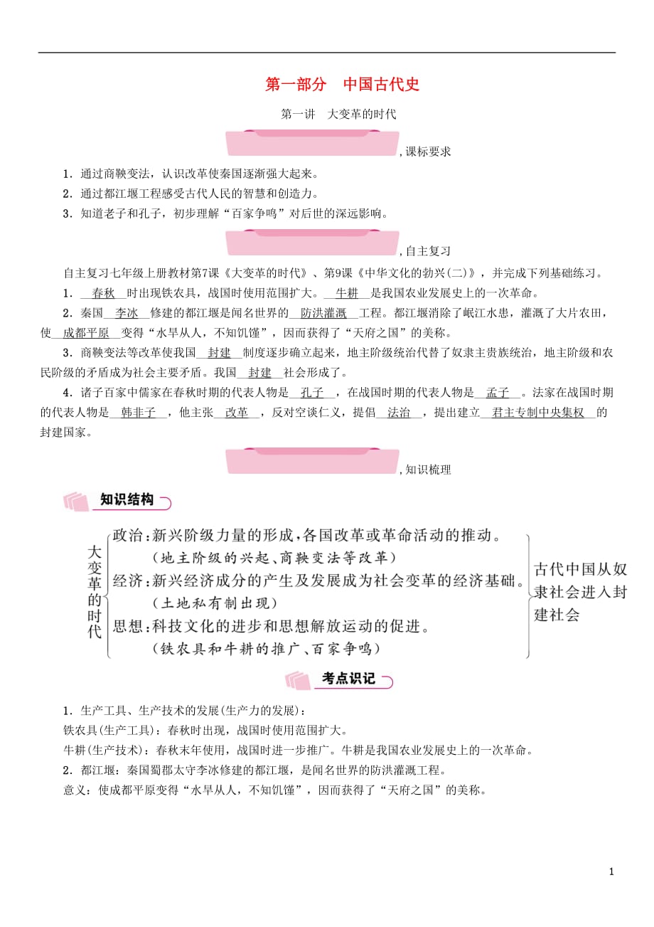 四川省宜宾市中考历史总复习第一编教材知识梳理第1部分中国古代史第1讲大变革的时代习题_第1页