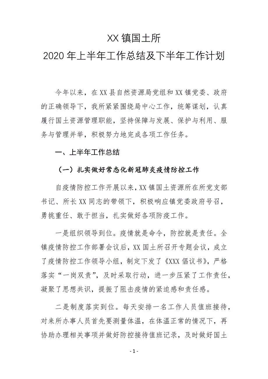 XX镇国土所2020年上半年工作总结及下半年工作计划_第1页