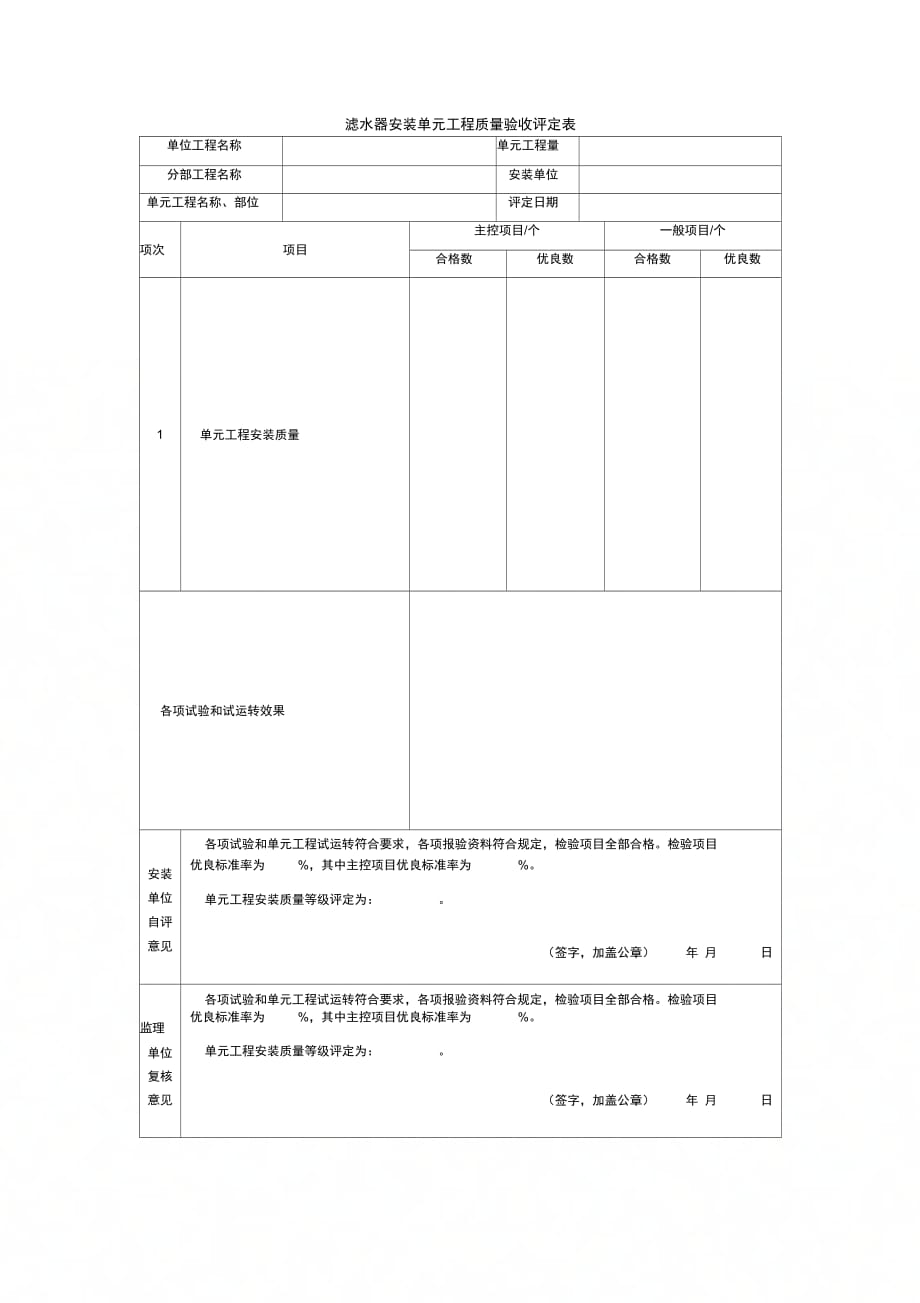 滤水器安装单元工程质量验收评定表_第1页