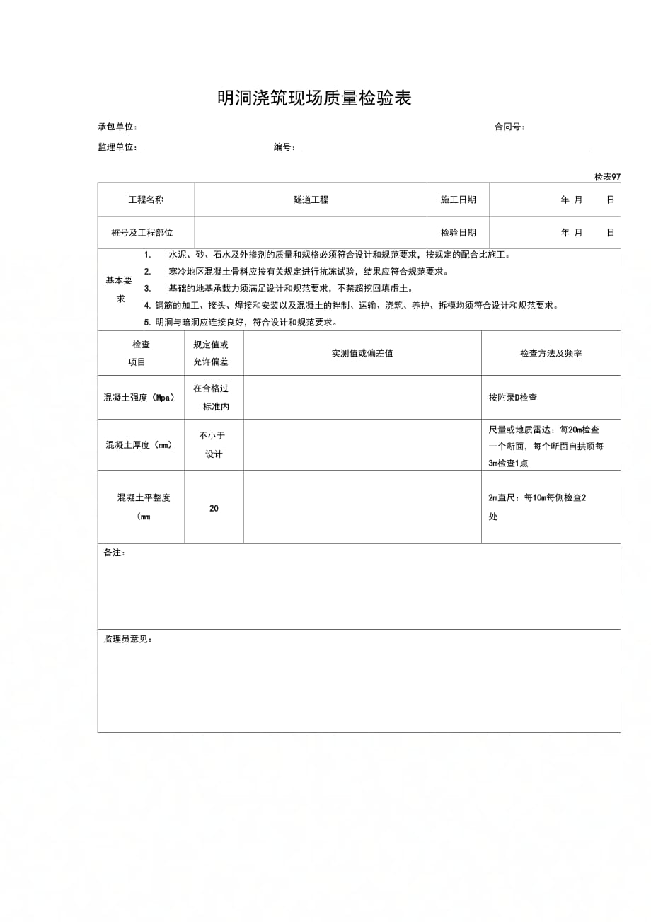 明洞浇筑现场质量检验表_第1页